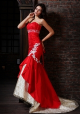 Sexy Mermaid Strapless Brush Train Red Appliques Prom Dress with Lace Up