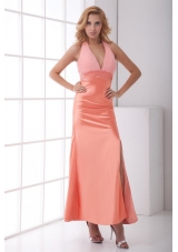 Taffeta Column Halter Backless Floor-length Ruching Watermelon Prom Dress