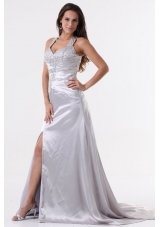 Watteau Train Silver Straps High Slit Prom Dress with Beading