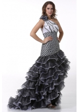 White and Black One Shoulder High-Low Prom Dress with Ruffled Layers