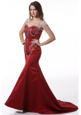 Wine Red Court Train V-neck Mermaid Prom Dress with Beading