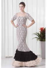 Mermaid Square White Lace Floor-length Prom Dress with Short Sleeves