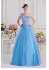 2014 A-line One Shoulder Tulle Blue Quinceanera Dress with Appliques Hand Made Flower