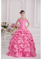 Ball Gown Strapless Pick-ups Rose Pink Quinceanera Dress with Hand Made Flowers