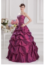 Ball Gown Strapless Taffeta Purple Quinceanera Dress with Beading and Pick-ups