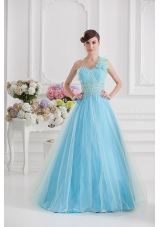 Beautiful A-line One Shoulder Ruching and Beading Aqua Blue Quinceanera Dress