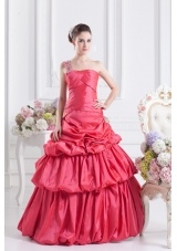 Cheap Coral Red One Shoulder Beading Ball Gown Quinceanera Dress with Pick Ups