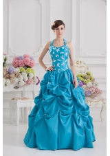 Princess Taffeta Appliques Ruffles Teal Quinceanera Dress with Halter Top