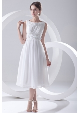 2014 Cheap Empire Scoop Tea-length Appliques Chiffon Wedding Dress