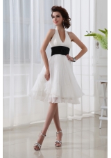 A-line Chiffon White Haltor Top Knee-length  Hand Made Flower Prom Dress