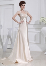 A-line  Halter Top Floor-length Beading Elastic Woven Satin Prom Dress