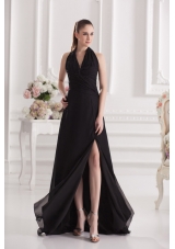 A-line Halter Top Floor-length Chiffon Black High Slit Prom Dress