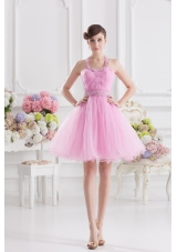 A-line Halter Top Pink Prom Dress with Ruching and Beading