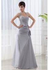 A-line Halter Top Silver Prom Dress with Beading and Ruching