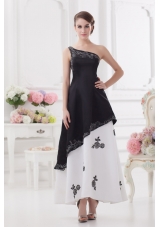 A-line One Shoulder Embroidery Black and White Ankle-length Prom Dress