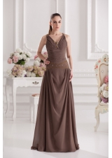 A-line Sweetheart Floor-length Beading Ruching Brown Prom Dress