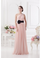 Baby Pink Empire One Shoulder Prom Dress with Ruching and Handle Made Flower