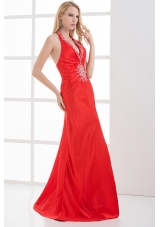 Column Halter Top Floor-length Beading Chiffon Red Prom Dress