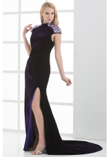 Column High-neck Cap Sleeves Dark Purple Beading High Slit Prom Dress