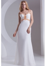 Column Straps Chiffon Appliques and Ruching White Prom Dress