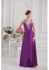 Eggplant Purple Empire V-neck Criss-cross Prom Dress with Beading