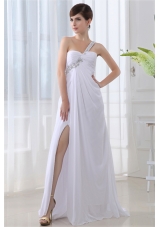 Elegant Empire One Shoulder Ruching Appliques High Slit Brush Train Wedding Dress