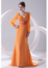 Empire Orange V-neck Long Sleeves Prom Dress with Beading Ruching