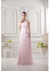 Empire Strapless Appliques Beading Chiffon Baby Pink Prom Dress