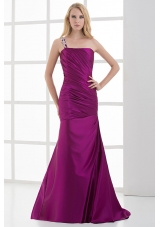 Mermaid Fuchsia One Shoulder Brush Train Beading Taffeta Ruching Prom Dress