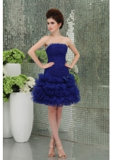 Organza Column Bule Ruffled Layers Bowknot Strapless Prom Dress