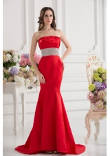 Red Mermaid Strapless Court Train Belt and Ruching Prom Dress