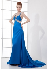 Spaghetti Straps Empire Blue Chiffon Beading Brush Train Prom Dress