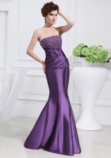 Strapless Floor-length Beading Taffeta Eggplant Purple Prom Dress