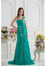 Turquoise One Shoulder Beading and Ruching Prom Dress with Brush Train