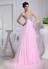 A-line Brush Train Beading Tulle Strapless Baby Pink Prom Dress