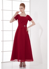 A-line Burgundy Ankle-Length Chiffon Beading and Ruching Prom Dress