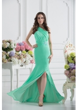 Apple Green Column One Shoulder Prom Dress with Ruching and Beading