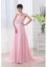 Baby Pink One Shoulder Court Train Chiffon Prom Dress with Beading and Ruching