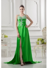 Column Straps Ruching and Beading High Slit Taffeta Prom Dress