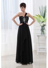 Empire Beading Chiffon Black One Shoulder Prom Dress