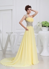 Empire Court Train Yellow Beading One Shoulder Prom Dress