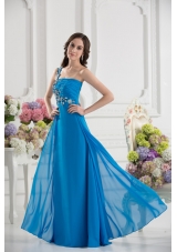 Empire One Shoulder Chiffon Appliques Ruching Dodger Blue Prom Dress