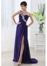 Empire Prom Dress with Ruchings and Beading One Shoulder High Slit Purple
