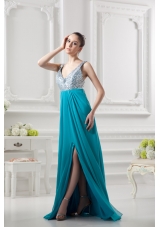 Empire Straps High Slit Pailette Teal Chiffon Prom Dress