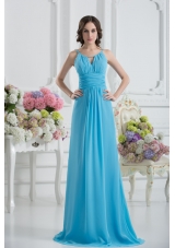 Empire Straps Ruching Baby Blue Floor-length Chiffon Prom Dress