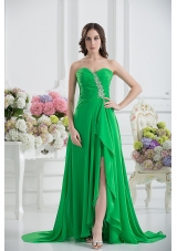 Sweetheart High Slit Beading Spring Green Prom Dress with Ruching