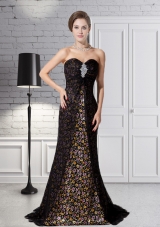 Beautiful Black Column Sweetheart Print Chiffon Prom Dress with Beading