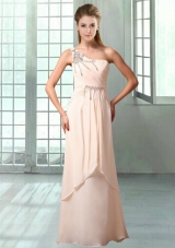 Chiffon Champagne Stylish One Shoulder Empire Prom Gowns With Beading