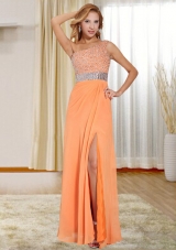 2015 Chiffon Orange One Shoulder Evening Dress with Beading and High Slit