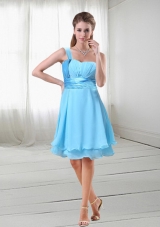 Light Blue Chiffon One Shoulder Ruching Homecoming Dress with Knee Length